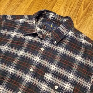 Polo Ralph Lauren Shirt Men Medium Blue‎ Plaid Flannel Button Down Preppy